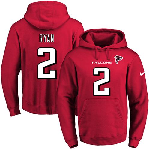 Nike Falcons #2 Matt Ryan Red Name & Number Pullover NFL Hoodie - Click Image to Close